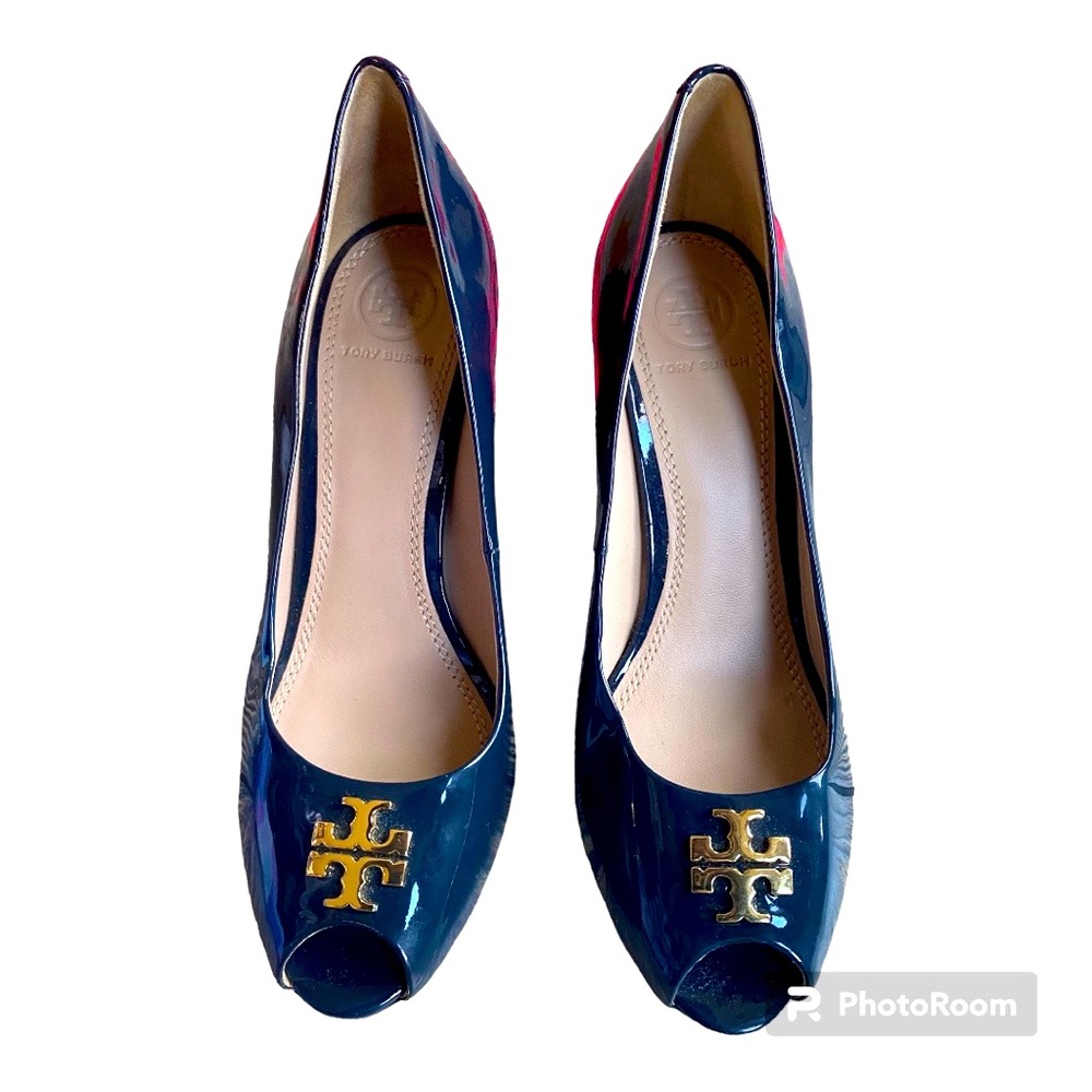 Tory Burch Blue Patent Wedges